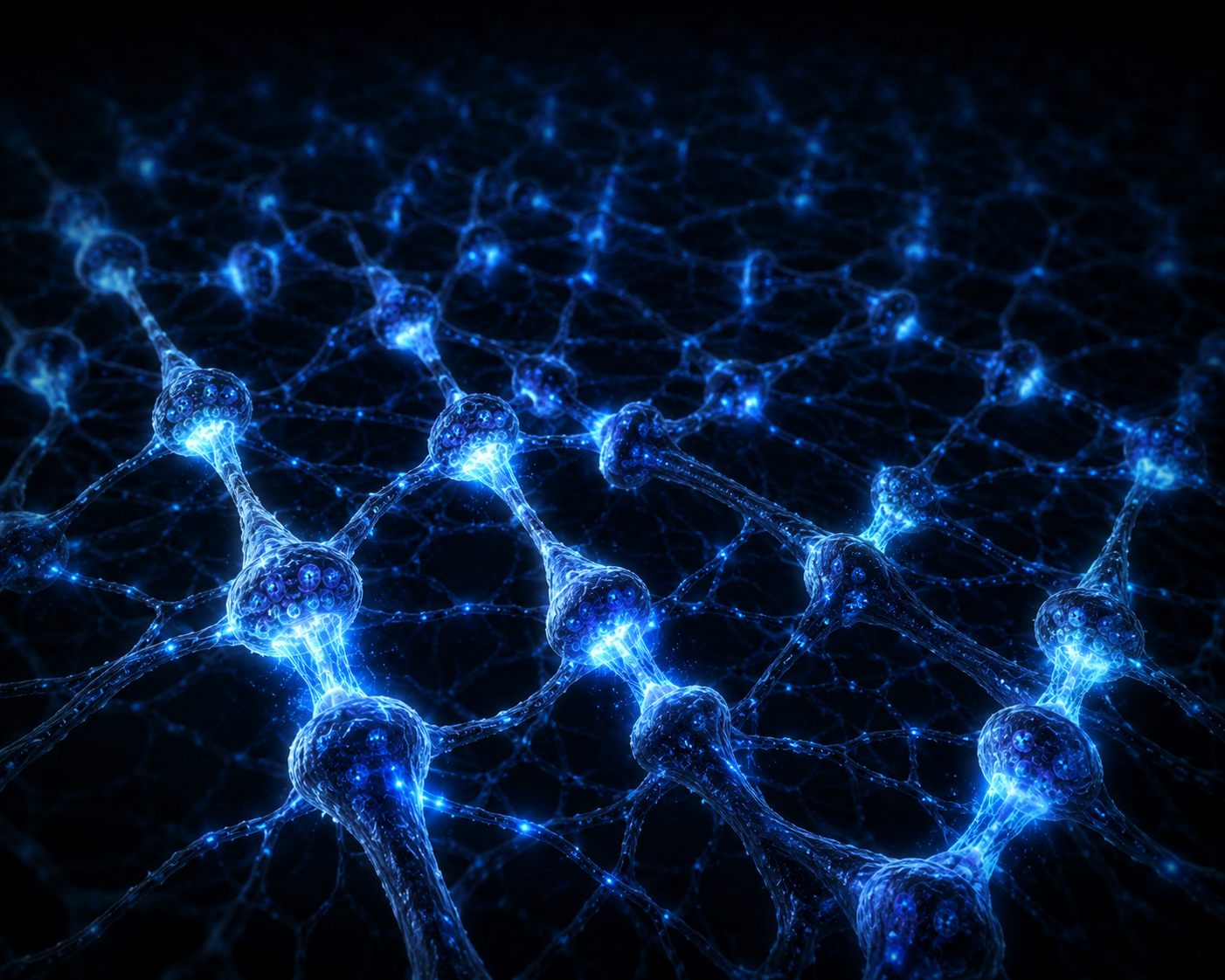 A network of glowing neural nodes connected by bright filaments on a dark field