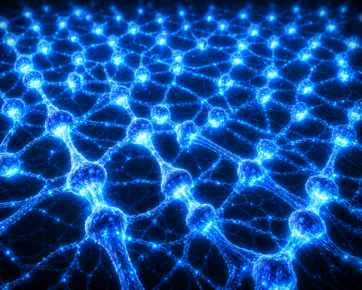 Detailed view of glowing neural network nodes